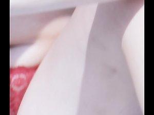 Pussy and anus slip out of red lace thong Picture 1