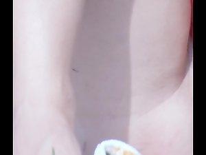 Pussy and anus slip out of red lace thong Picture 3