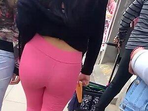 Thong and pink leggings make her ass noticeable
