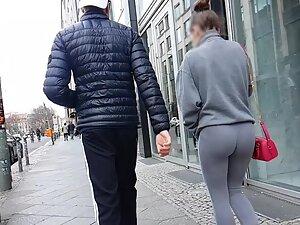 Grey leggings flatter her tight round ass Picture 1