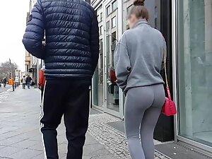 Grey leggings flatter her tight round ass Picture 2