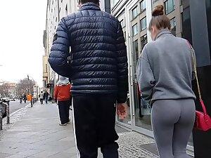 Grey leggings flatter her tight round ass Picture 3