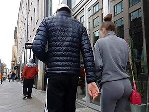 Grey leggings flatter her tight round ass Picture 4