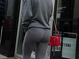 Grey leggings flatter her tight round ass