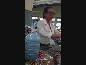 Hot cashier girl got red lips and red bra Picture 1