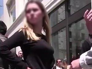 Smoldering look of girl with hot ass in pink tights