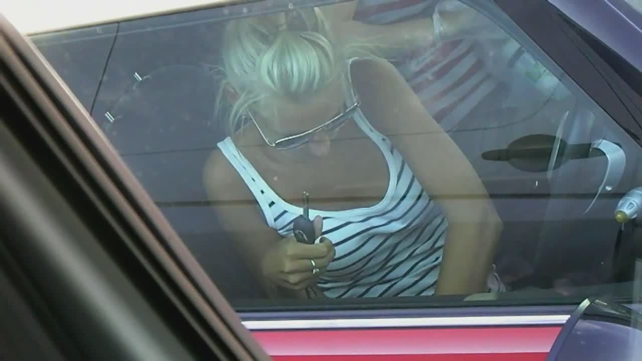 Upskirt of hot blonde when she enters the