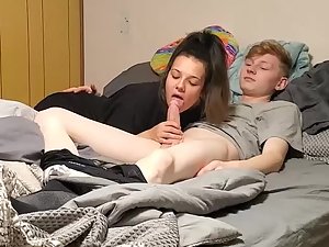 Hot blowjob makes him tear her leggings and fuck her