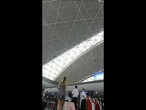 Hot upskirt of girl that is late for her plane flight