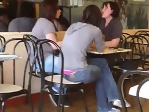 Cute girl's thong is out at a coffee place