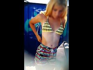 Peeping on naked cutie with amazing tan line in beach cabin Picture 3