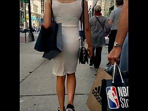 Tight white dress reveals tight buttocks and thong Picture 7