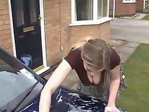 Girlfriend washes the car