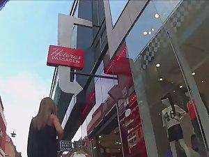 Upskirt of elegant woman in white lace dress Picture 1