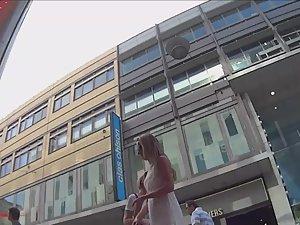 Upskirt of elegant woman in white lace dress Picture 5