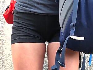 Cameltoe in tight shorts is visible from front and back