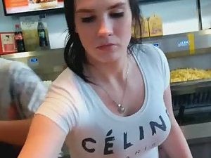 Hottie with big tits works at fast food