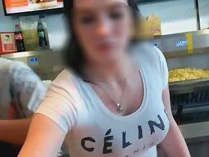 Hottie with big tits works at fast food