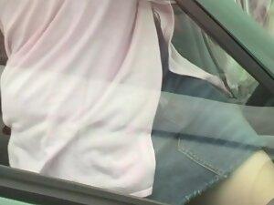 Pussy slip in upskirt when she sits in her car Picture 1
