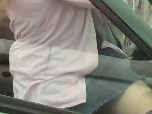 Pussy slip in upskirt when she sits in her car Picture 2