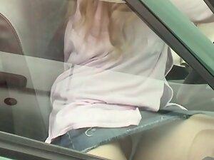 Pussy slip in upskirt when she sits in her car Picture 7