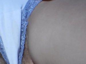 Hairy pussy and pubes slip out of panties Picture 3