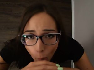 Brunette girlfriend gives blowjob in home office Picture 1