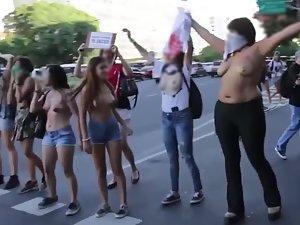 Massive protest of topless girls
