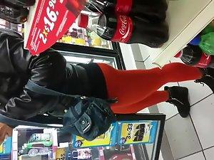 Girl in red tights flaunts her big ass Picture 7