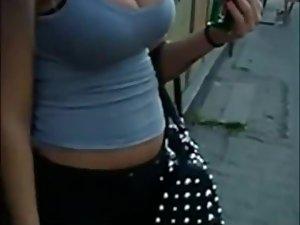 Blonde girl's boobs spied on a street Picture 3