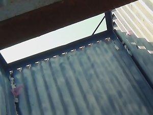 Pussy bulge gets free in beach cabin Picture 1