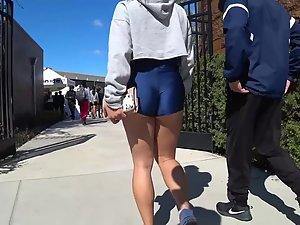 Thick thighs and ass in glowing blue shorts Picture 2