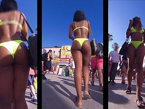 Chocolate booty wiggles in yellow bikini thong Picture 7