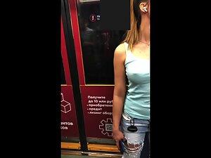 Braless girl with hard nipples in train Picture 6