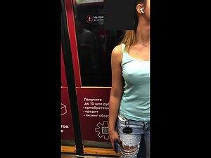Braless girl with hard nipples in train Picture 7