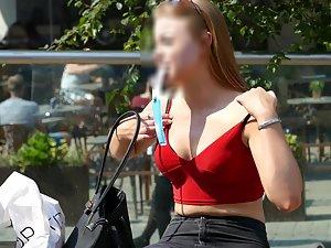 Teen beauty fixing her bra in public Picture 4