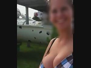 Talking with silly girl while her big tits are bursting out