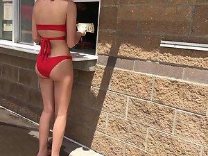 Sexy girl in red two piece bikini at the swimming pool Picture 7