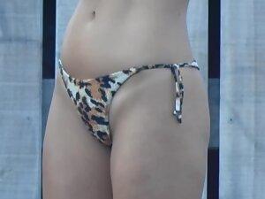 Shaved pussy in leopard thong bikini