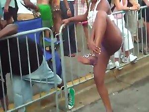 Horny girl shows pussy in the parade