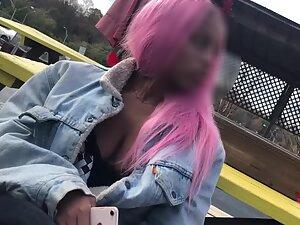 Big boobs of black girl with pink hair