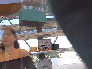 Epic tits of a girl at a fast food restaurant Picture 1