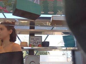 Epic tits of a girl at a fast food restaurant Picture 2