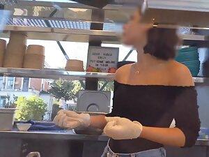 Epic tits of a girl at a fast food restaurant Picture 3