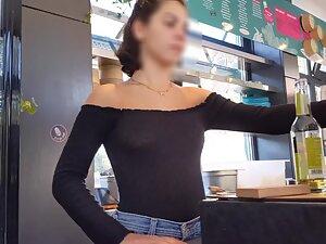 Epic tits of a girl at a fast food restaurant Picture 8