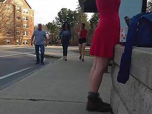 Pretty girl in red dress on bus station and in the bus Picture 1