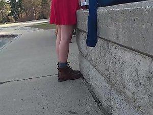 Pretty girl in red dress on bus station and in the bus Picture 2