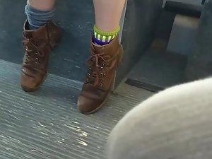 Pretty girl in red dress on bus station and in the bus Picture 3