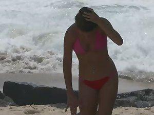 Hot teen in red thong bikini on beach with family Picture 7