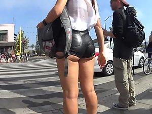 Tight leather shorts all the way inside butt crack Picture 8